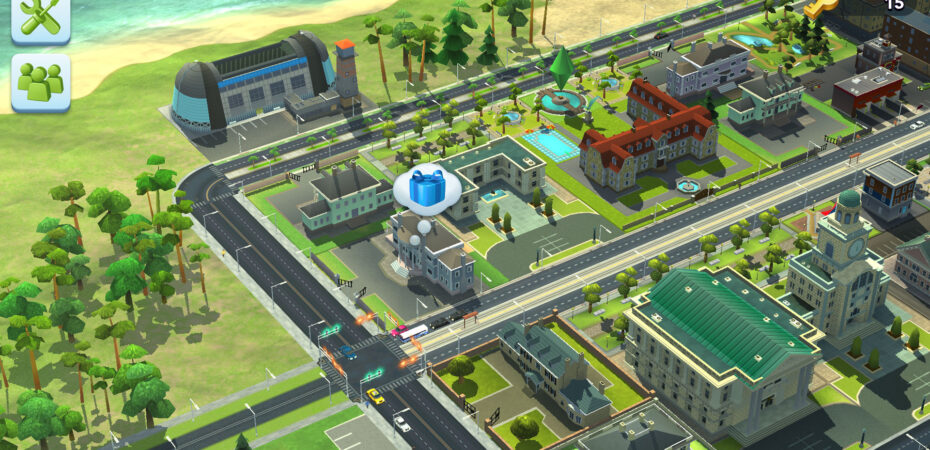 Stylized Smallville-style AI agent simulation scene