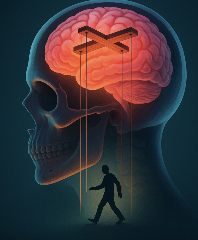 Illustration of a puppet master controlling a human brain